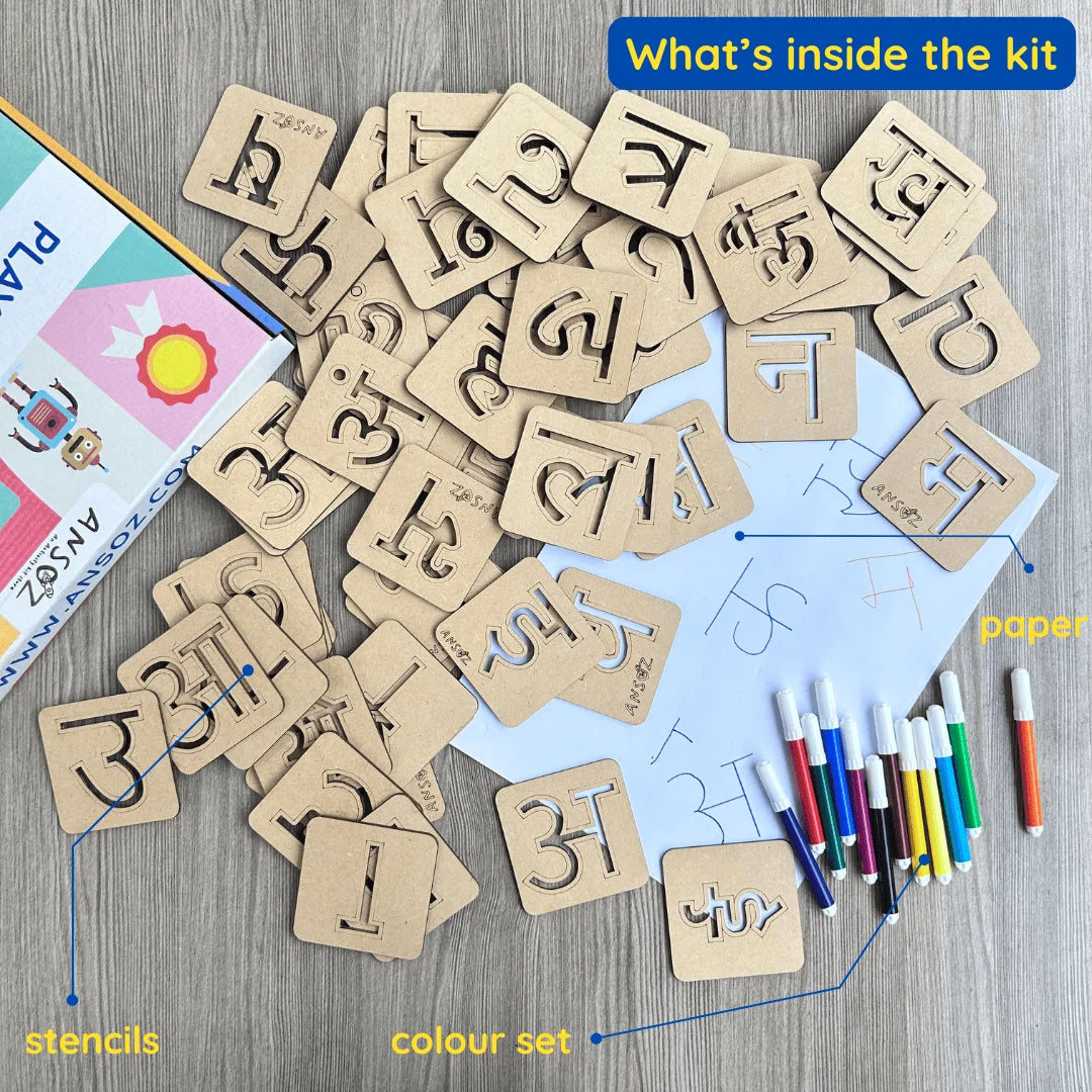 A children's alphabet learning kit spread out on a wood surface, including hindi letter stencils, box, colored markers, and paper with handwritten writing. A blue banner at the top reads 'What's inside the kit'.