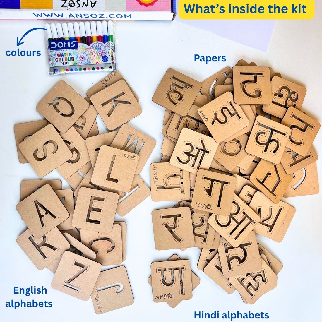 English Alphabet & Hindi Alphabet (consonant & vowel) Stencil Set – Trace & Learn | Ansoz