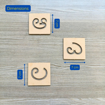 Kannada letter stencil set showing 7 cm-sized tracing templates for early writing skills.