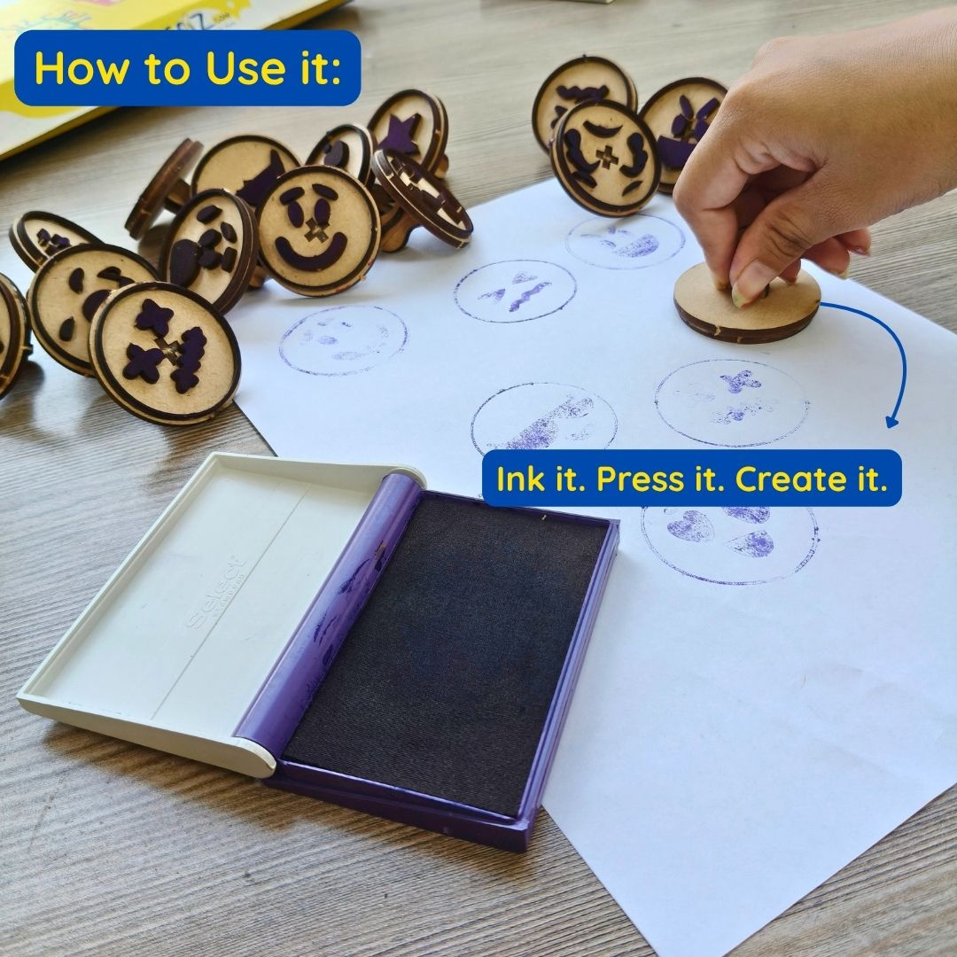 Emoji stamps for kids with ink pad, showing a fun craft activity using cute emoji faces.
