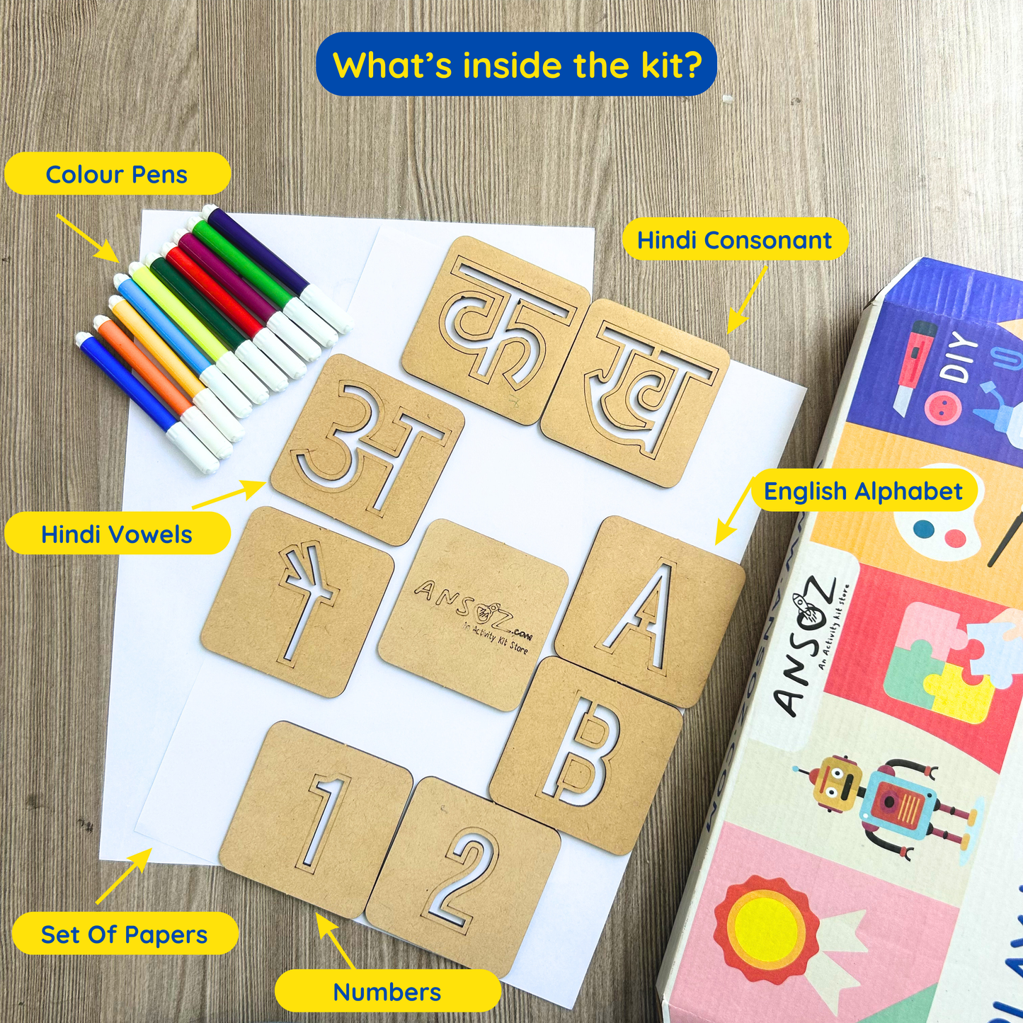 Contents inside an education stencil kit consisting of Hindi vowels, Hindi consonants, English alphabets, numbers, and paper and color pens to learn Hindi.
