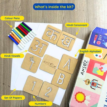 Contents inside an education stencil kit consisting of Hindi vowels, Hindi consonants, English alphabets, numbers, and paper and color pens to learn Hindi.