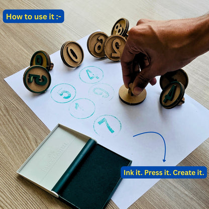 Hand using number stamp on paper to count and write number