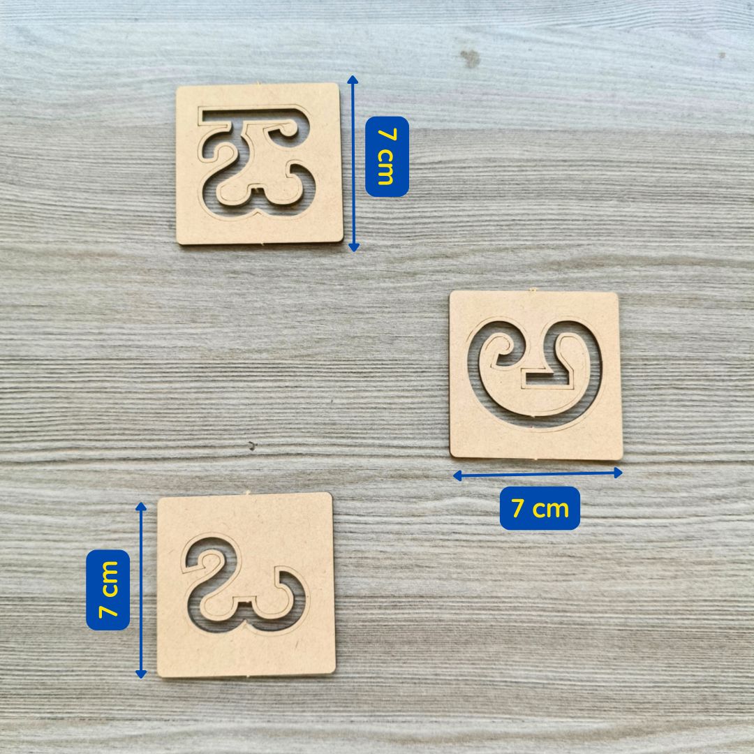 Wooden Kannada vowel stencils measuring 7 cm designed for easy Kannada letter tracing.