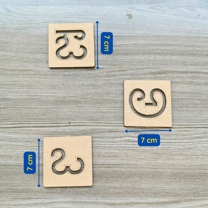 Wooden Kannada vowel stencils measuring 7 cm designed for easy Kannada letter tracing.