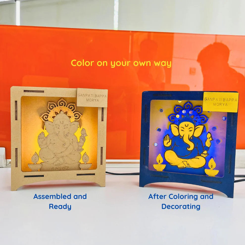 Before and after DIY Ganesha painting activity, showing how to make eco-friendly Ganesha decor at home.