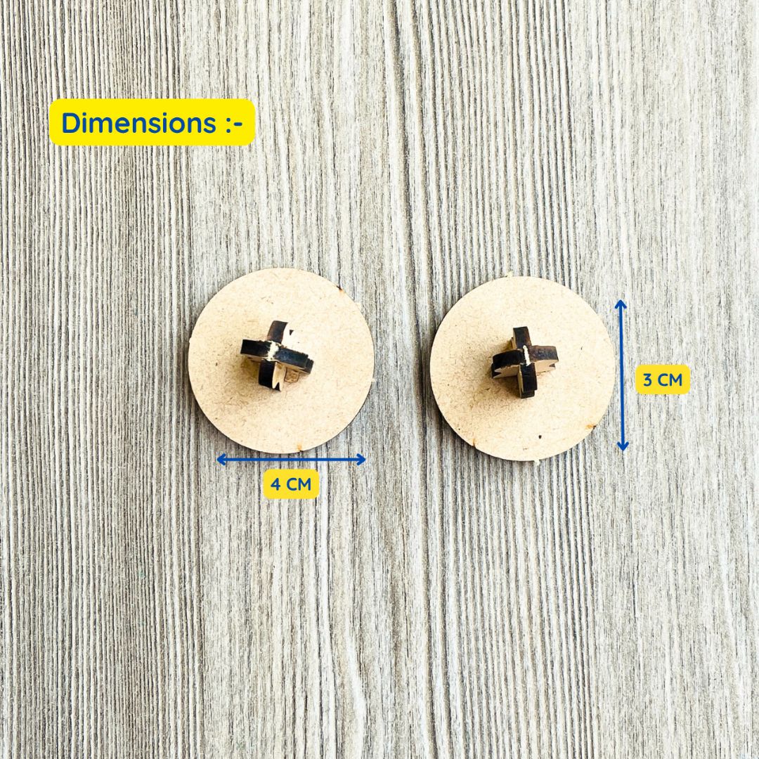 Close-up view of the wooden Hindi letter stamp base with dimensions marked. The stamp measures approximately 4 cm in diameter and 3 cm in height, making it easy for small hands to hold and use during Hindi learning activities.