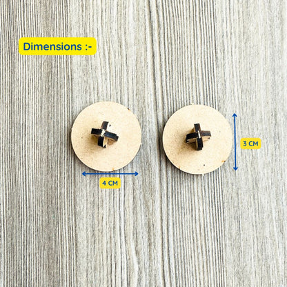 Close-up view of the wooden Hindi letter stamp base with dimensions marked. The stamp measures approximately 4 cm in diameter and 3 cm in height, making it easy for small hands to hold and use during Hindi learning activities.