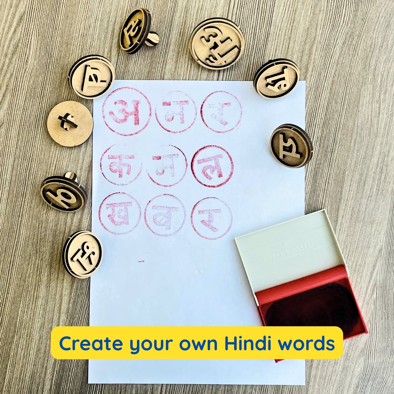 close view of wooden stamps showing english and hindi letters for kids learning 