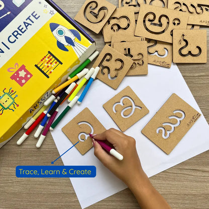 Kid tracing letters with wooden educational toy kit
