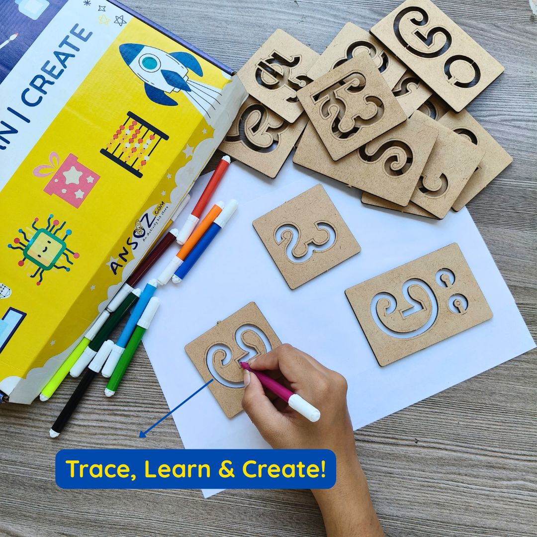 Wooden Kannada vowel stencil set with colourful sketch pens for creative letter tracing.