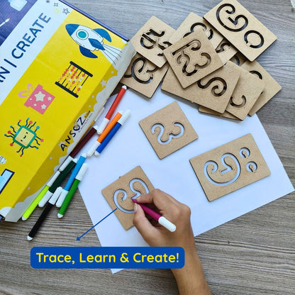 Wooden Kannada vowel stencil set with colourful sketch pens for creative letter tracing.