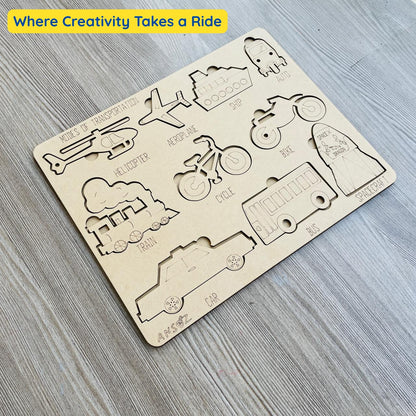 wooden puzzle board different modes of transport air, water, land transport