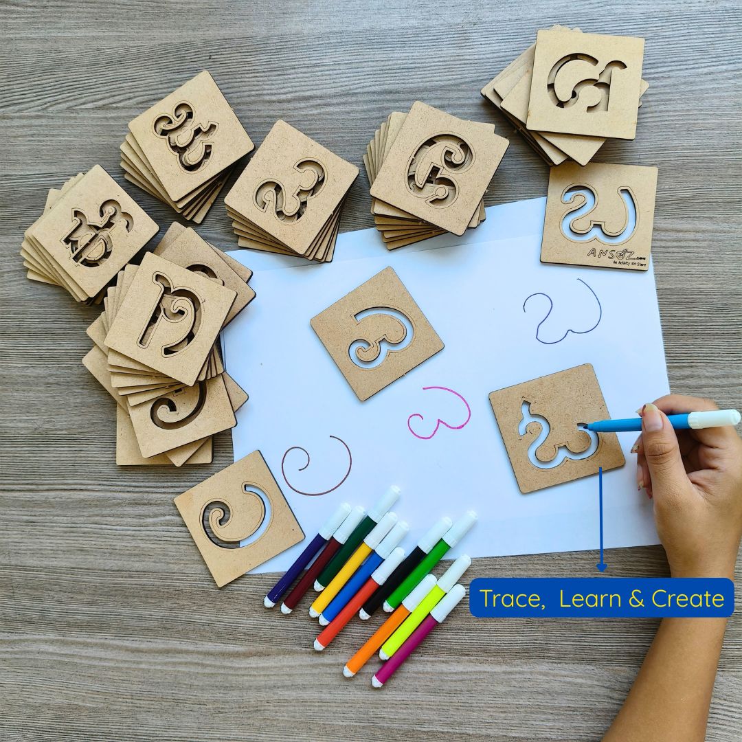 Kannada Varnamala tracing activity with wooden letter templates, sketch pens and practice sheets.
