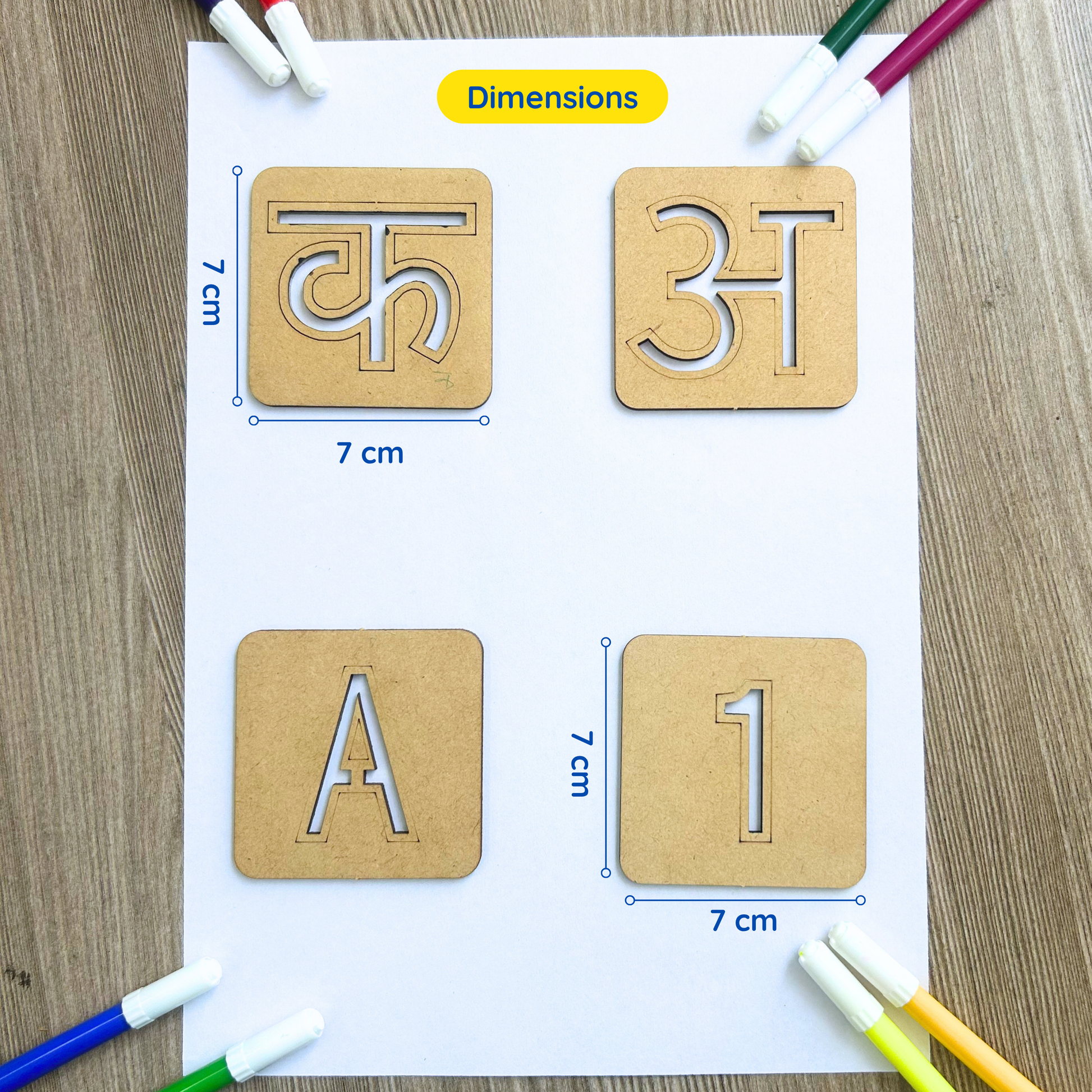 Measurement of Hindi alphabets, English alphabets, and number stencils used by kids in the learning activity.