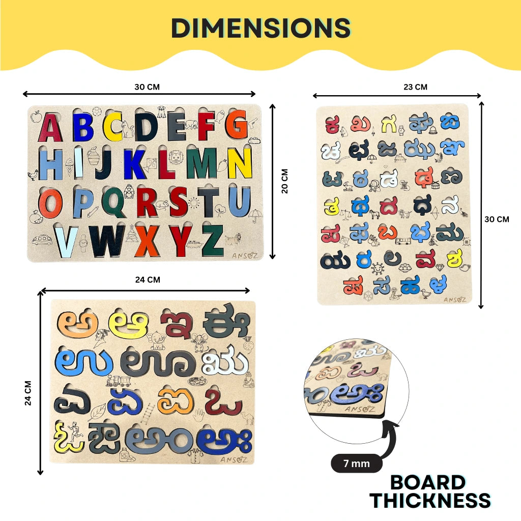 A product dimension diagram showing three views of a wooden alphabet puzzle board for Telugu script, with measurements in centimeters (30 cm, 23 cm, 24 cm, 20 cm) and a note indicating 7 mm board thickness, on a white background with a yellow header.