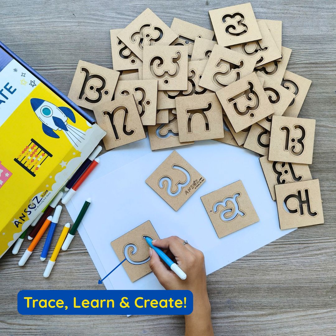Kids tracing Kannada Vyanjanagalu with stencils for Kannada language learning.