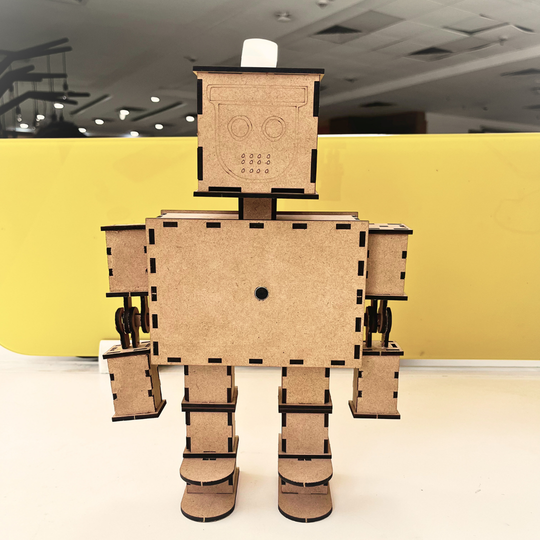 Close-up view of the robot's head showing the built-in LED light mounted on top. The LED is covered with a translucent white diffuser that creates a soft glow effect. A callout label highlights the LED feature integrated into the robot's head.