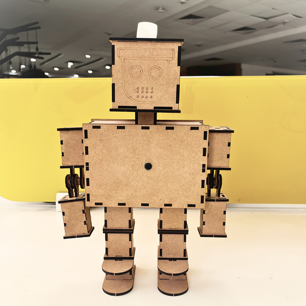 Close-up view of the robot's head showing the built-in LED light mounted on top. The LED is covered with a translucent white diffuser that creates a soft glow effect. A callout label highlights the LED feature integrated into the robot's head.