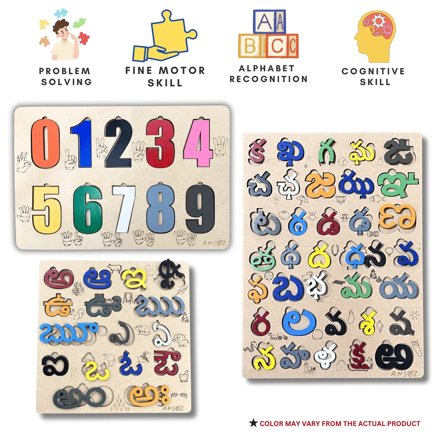 A collage showing a colorful children's educational puzzle set with numerals and telugu letters on wooden boards, plus four feature icons at the top for problem solving, fine motor skill, alphabet recognition, and cognitive skill.