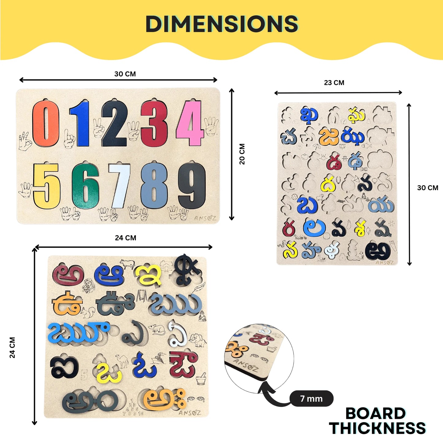 A product dimension diagram showing a wooden children's number puzzle board set with colorful numerals. The graphic includes labeled measurements for the board dimensions (30 cm, 23 cm, 24 cm, 7 mm thickness) and a close-up inset of the board surface.