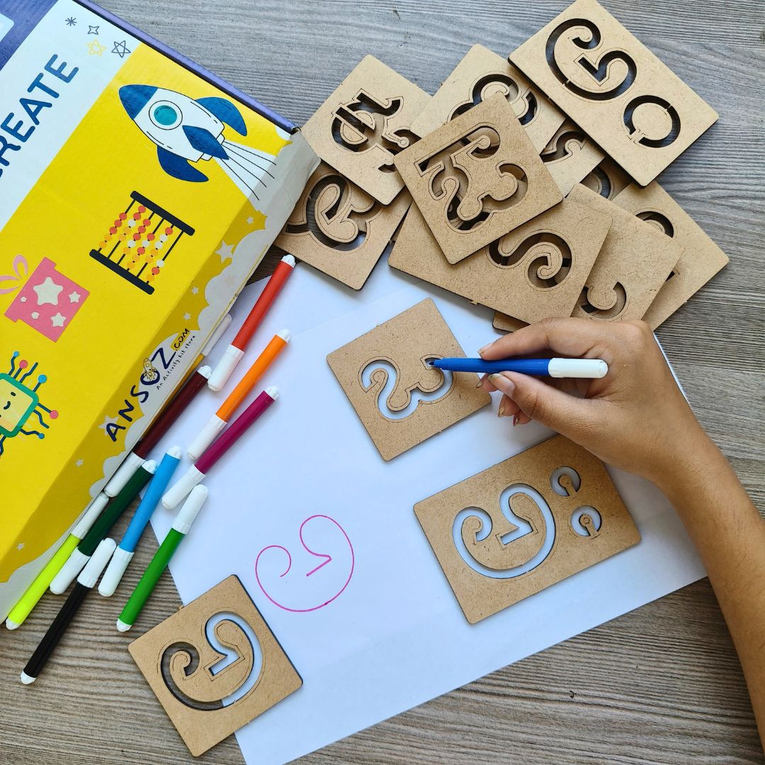 Child tracing Kannada vowels with a blue sketch pen using wooden alphabet stencils.