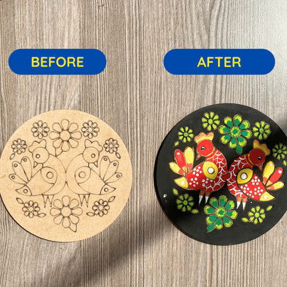A before-and-after comparison of a circular wooden coaster or decorative plaque on a wood-grain surface. The left side labeled 'BEFORE' shows an unpainted natural wood circle with engraved bird and floral line art.