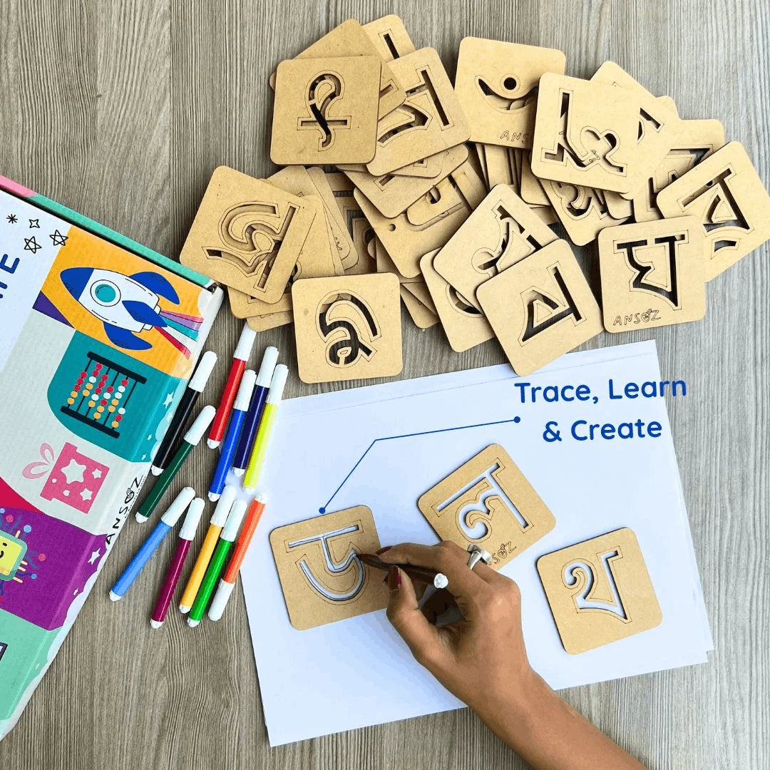  Kids practicing Assamese alphabet tracing with reusable wooden stencils and colorful markers, encouraging creative learning, handwriting, and language development.