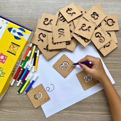 Kid practicing consonant handwriting with alphabet stencil toy