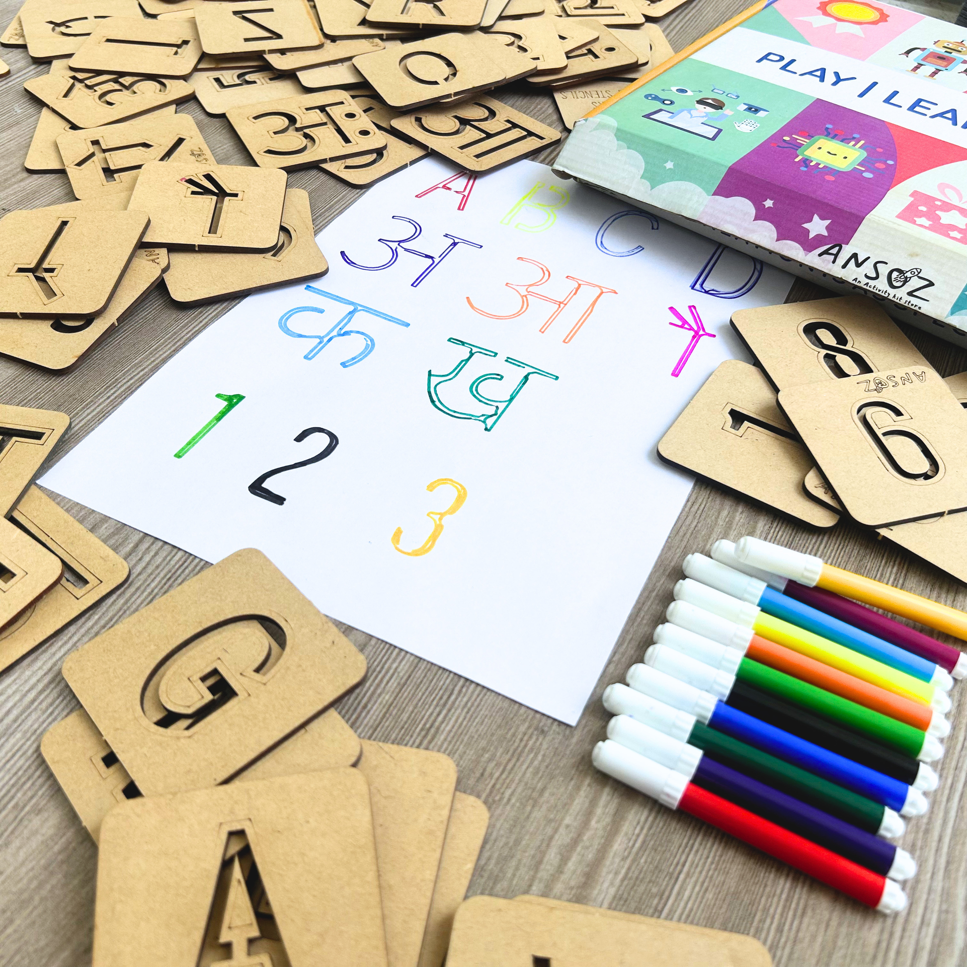 Kids learning alphabet tracing and number writing with the help of wooden education stencils.