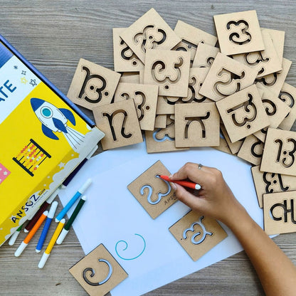 Kannada Vyanjana stencils being traced with sketch pens.