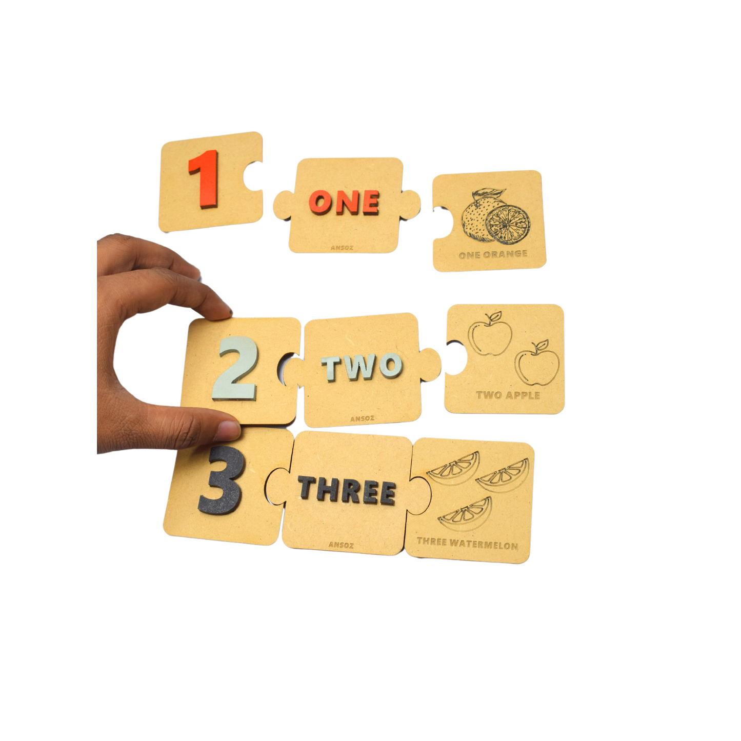 Wooden Number Puzzle with Spelling and Fruit Count Flashcards