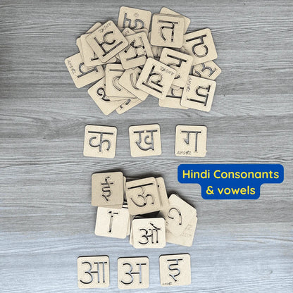 A set of wooden Hindi consonants and vowels stencil board arranged on a gray wood-textured background, with a blue text label reading 'Hindi Consonants & vowels'.
