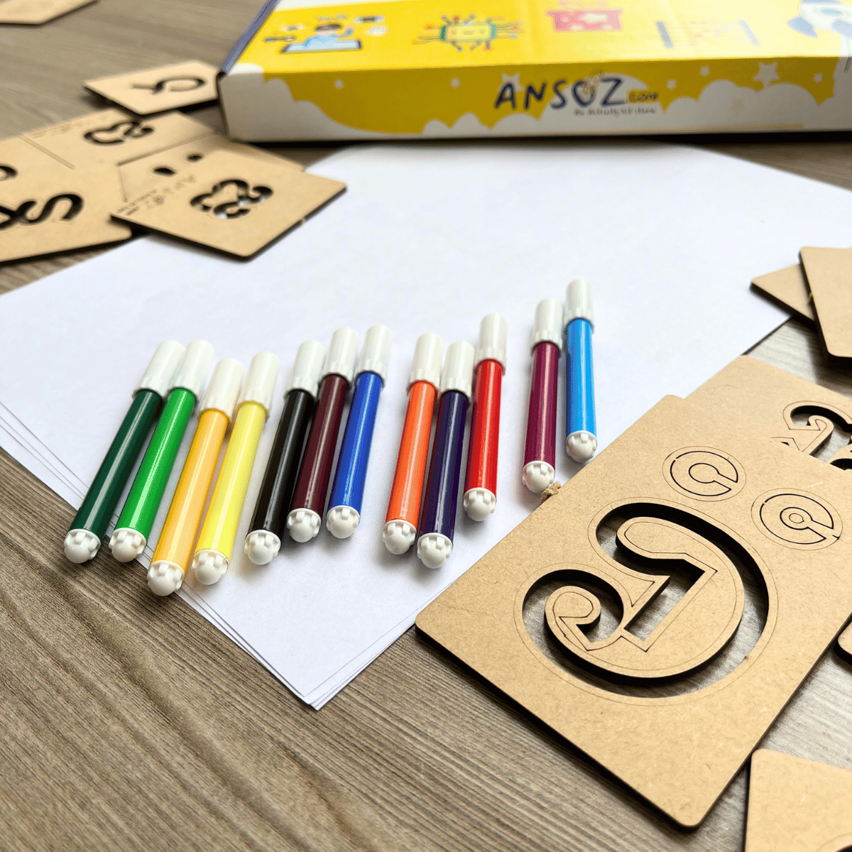 Telugu alphabet stencil kit with sketch pens and practice paper