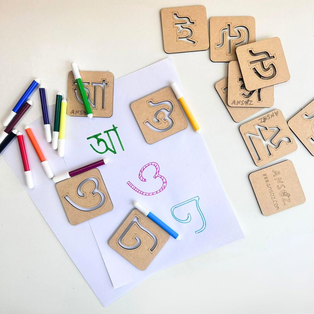 Assamese Vowels Alphabets Stencils With Sketch color pen | Ansoz