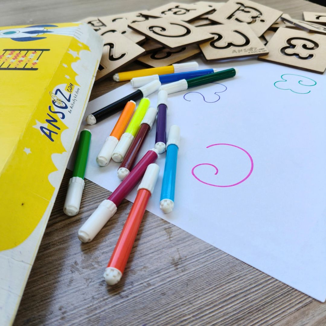 Kannada Varnamala stencils and sketch pens for developing pencil control.