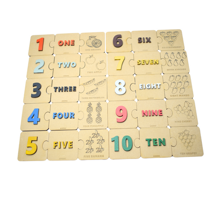 Wooden Number Puzzle with Spelling and Fruit Count Flashcards