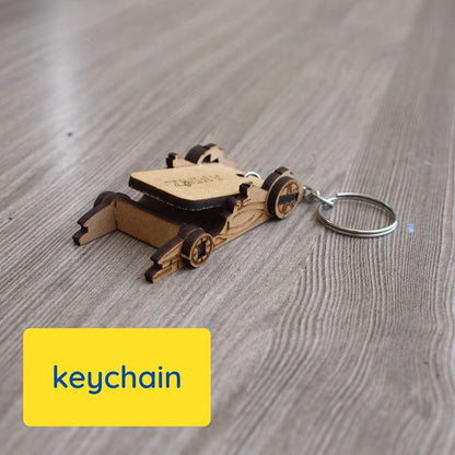  Formula race car shaped DIY keychain kit made from laser-cut wood, compact foldable design that transforms into a mobile stand.