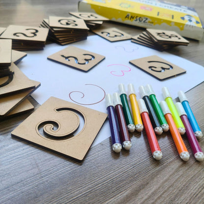 Kannada letter learning activity with wooden stencils and colorful markers for creative writing.