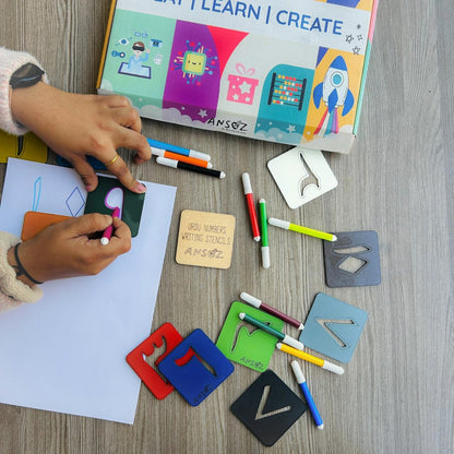 Child using Urdu Numbers Wooden Stencil Board for tracing practice.