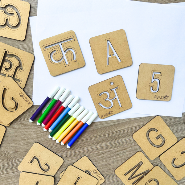 An all-in-one education stencil kit containing Hindi alphabets, English alphabets, and numbers for the learning of children.
