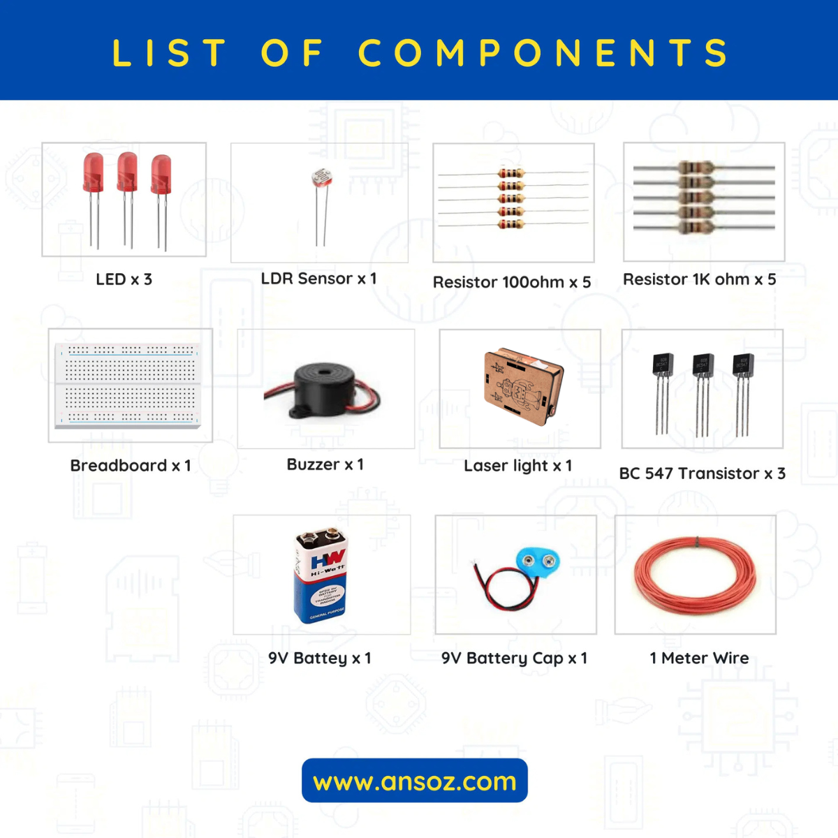 List of electronic components used in laser security system science project.