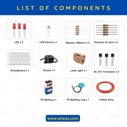List of electronic components used in laser security system science project.