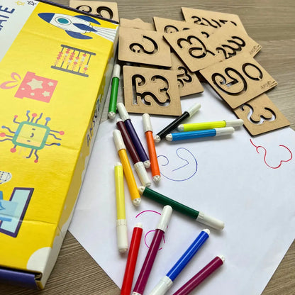 Wooden alphabet toy and sketch pens for early literacy practice