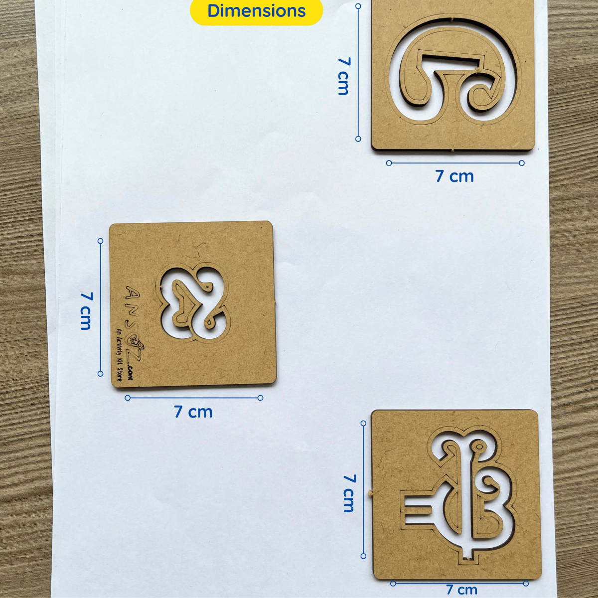 7x7 cm wooden Telugu alphabet stencils showing size dimensions