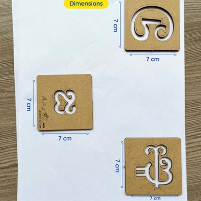 7x7 cm wooden Telugu alphabet stencils showing size dimensions