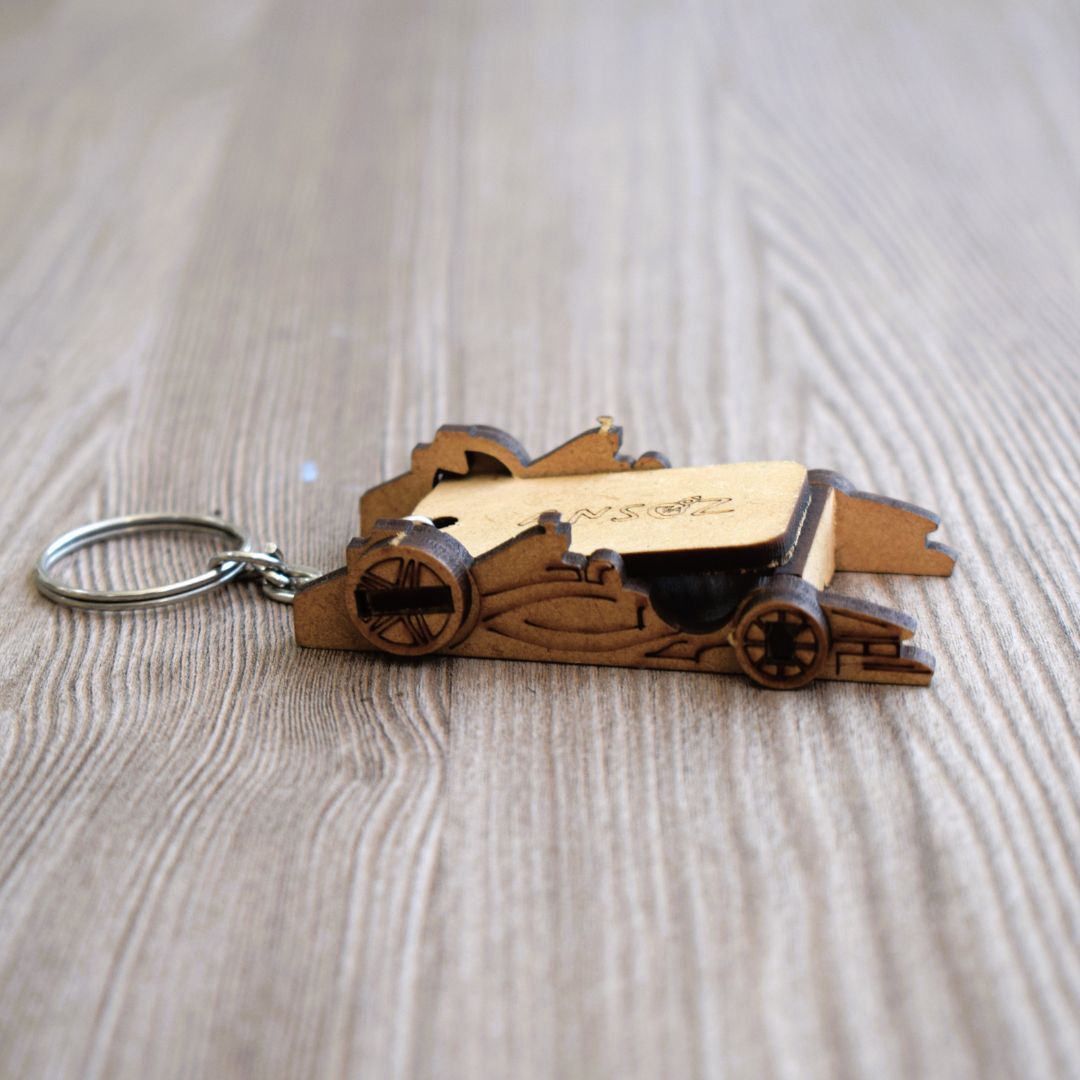 Wooden Formula Racing Car keychain crafted from a DIY kit for kids, featuring detailed wheels and foldable mobile stand functionality.