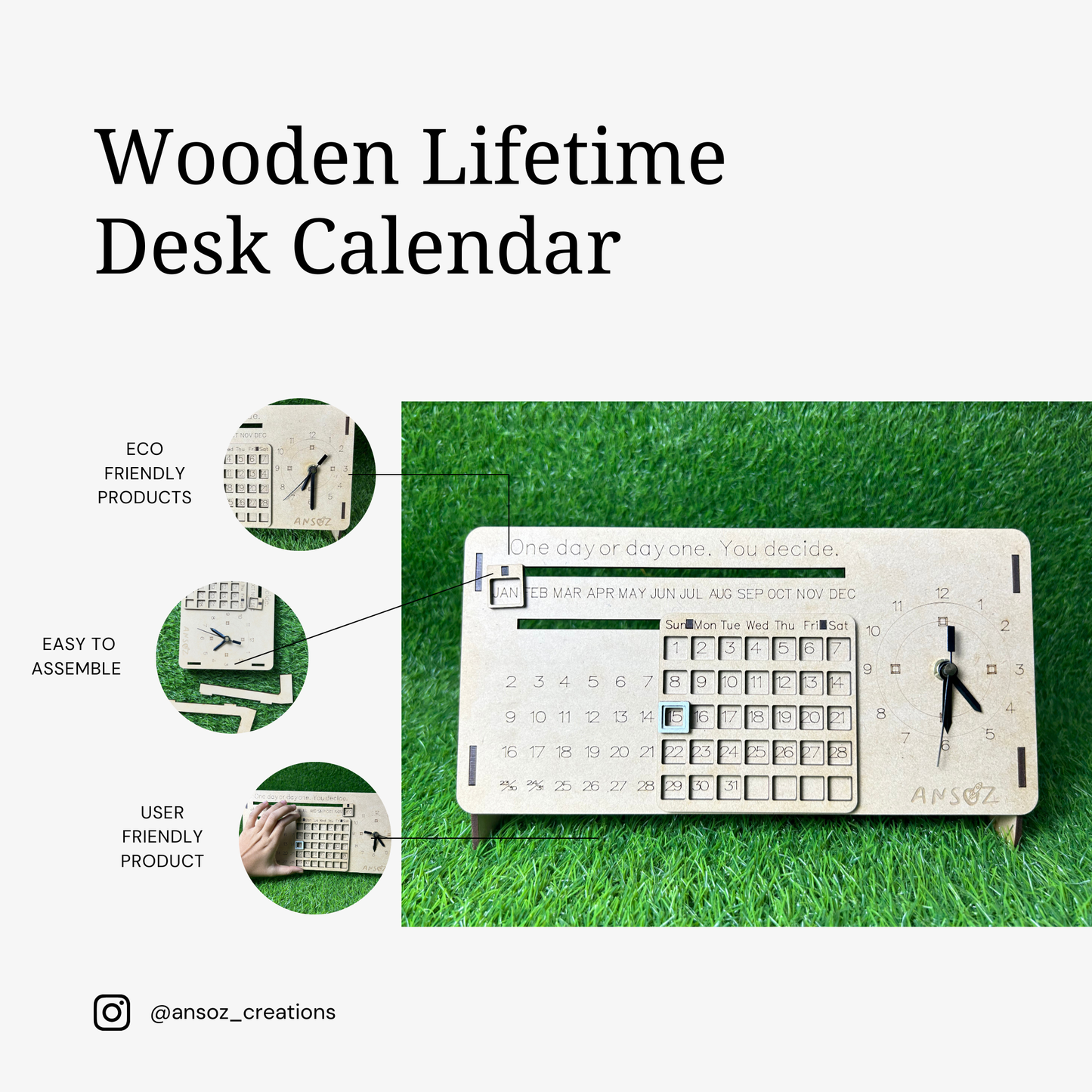 Wooden Lifetime Desk Calendar With Clock | Table Calendar For Office & Home