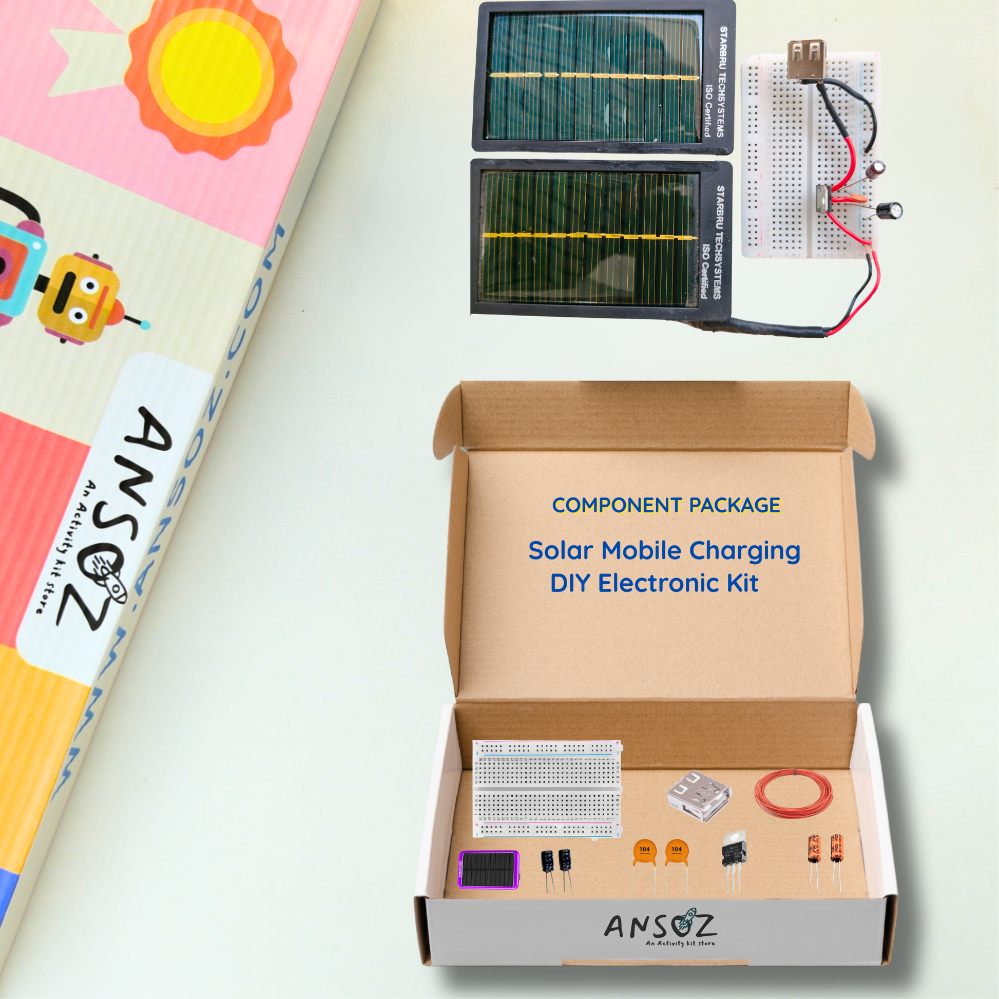 Electronic project kits for students components list showing solar charger module and circuit parts