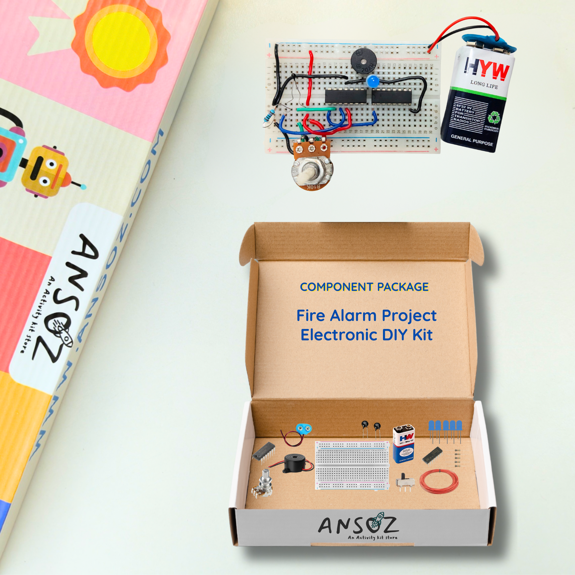 Step-by-step fire alarm project kit component layout showing sensors, buzzer, PCB 